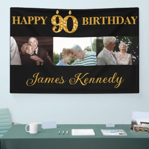 Custom 3 Photo Collage Happy 90th Birthday Party Banner