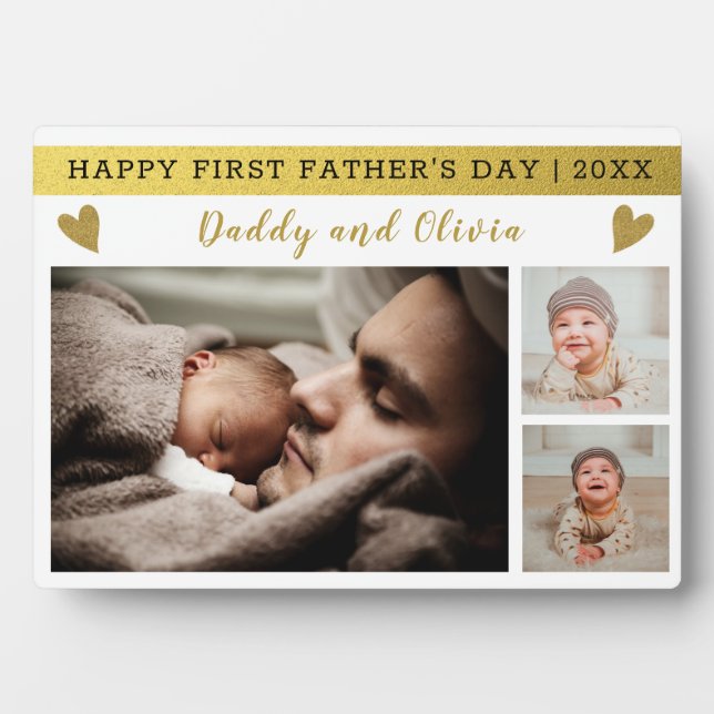 Custom 3 Photo Collage Happy First Father's Day Plaque (Front)