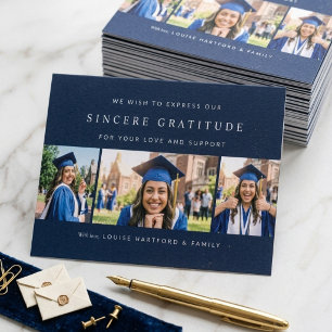Custom 3 Photo Collage Navy Blue Graduation  Thank You Card
