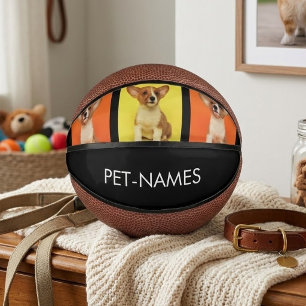 Custom 3 Photo Collage Pet Dog Name & Picture On Mini Basketball