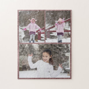 Custom / 3 Photo Collage Rose Gold Glitter Jigsaw Puzzle