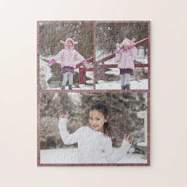 Custom / 3 Photo Collage Rose Gold Glitter Jigsaw Puzzle (Vertical)