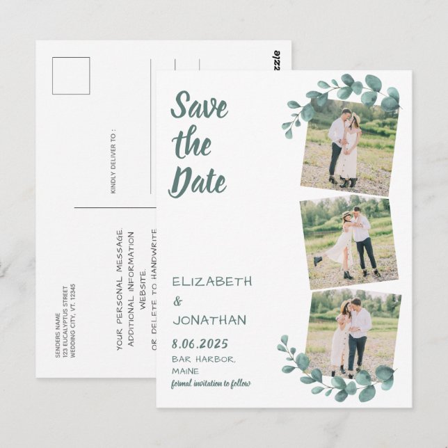 Custom 3 Photo Eucalyptus Wedding Save The Date Postcard (Front/Back)
