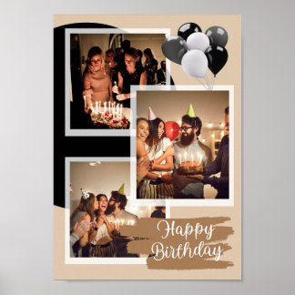 Custom 3 Photo Happy Birthday Collage Poster