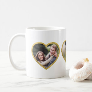 Custom 3 Photo Hearts Faux Gold Border Coffee Mug