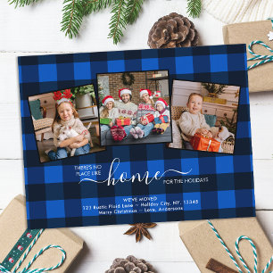 Custom 3 Photo New Home Blue Plaid Holiday Moving Announcement Postcard