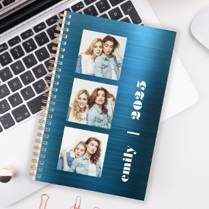 Custom 3-Photo Teal Blue Brushed Metal 2025 Planner