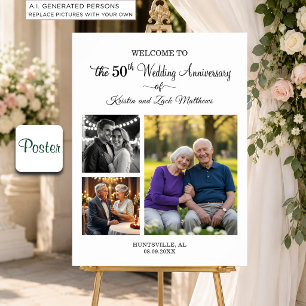 Custom 3 Photos 50th Wedding Anniversary Welcome Poster