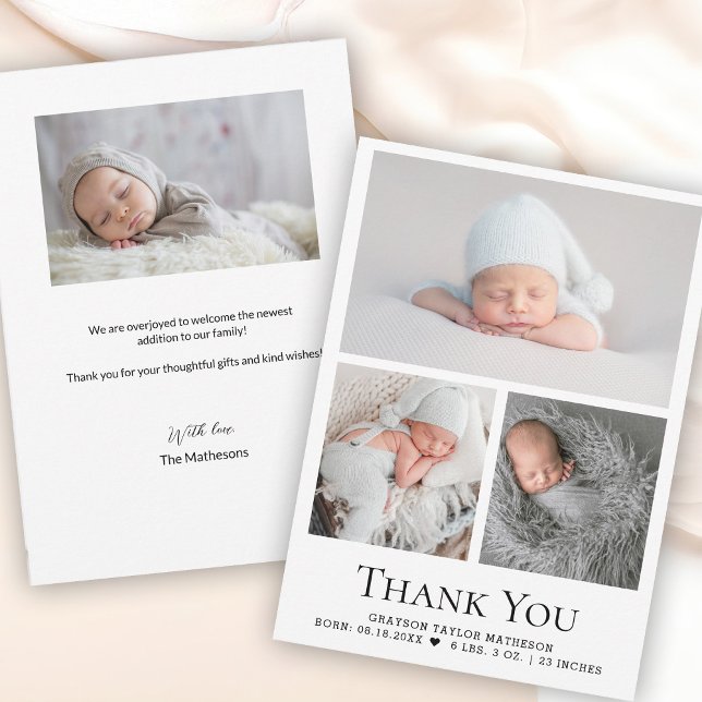 Custom 3 Photos Birth announcement Baby Boy  (baby boy 3 custom photos thank you birth announcement shower card.)