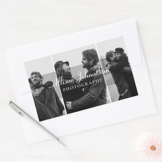 custom 3 photos modern script photography rectangular sticker (Envelope)