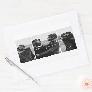 custom 3 photos modern script photography rectangular sticker