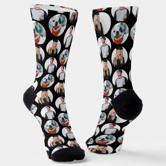 Custom 3 Photos Pattern Black Socks (Angled)