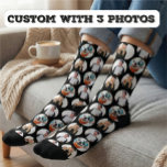 Custom 3 Photos Pattern Black Socks<br><div class="desc">Personalised 3 Photos Pattern Blue Socks</div>