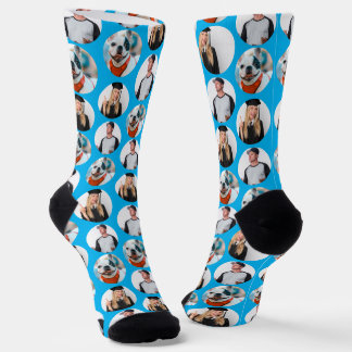 Custom 3 Photos Pattern Blue Socks