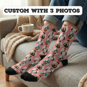 Custom 3 Photos Pattern Pink Socks