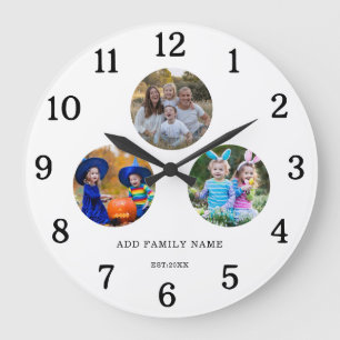 Custom 3 Round Photo Template Family Name White Large Clock