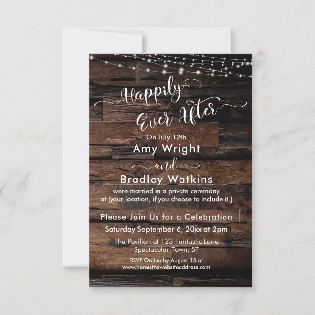 Custom 3 - Rustic Wood Lights Happily Ever After Invitation (Front)