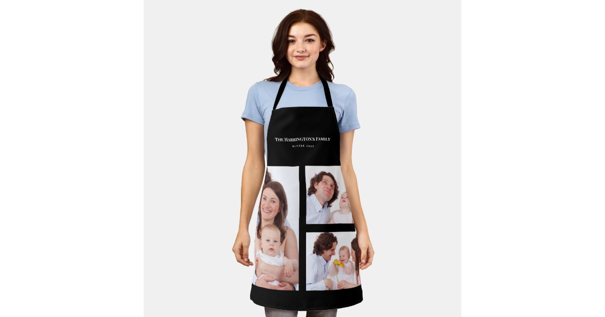 Custom 3 Sections Family Photo Collage Black Frame Apron | Zazzle