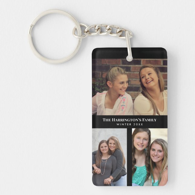 Custom 3 Sections Family Photo Collage Black Frame Key Ring (Front)