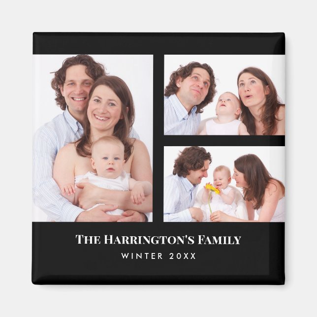 Custom 3 Sections Family Photo Collage Black Frame Magnet (Front)