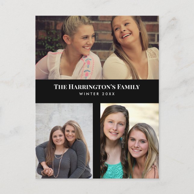 Custom 3 Sections Family Photo Collage Black Frame Postcard (Front)