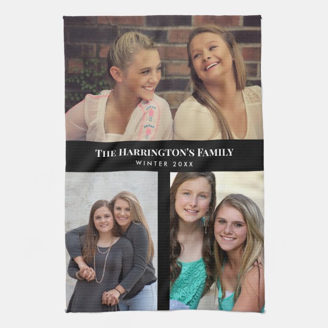 Custom 3 Sections Family Photo Collage Black Frame Tea Towel (Vertical)