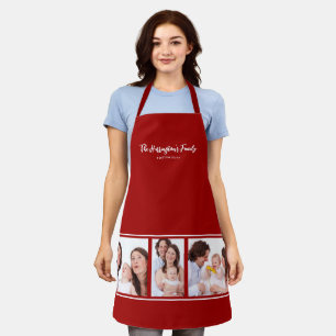 Custom 3 Sections Family Photo Collage Red Frame Apron