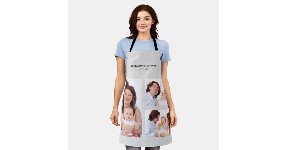 Custom 3 Sections Family Photos Collage Grey Frame Apron | Zazzle