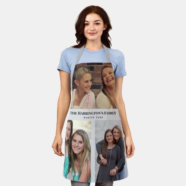 Custom 3 Sections Family Photos Collage Grey Frame Apron (Worn)