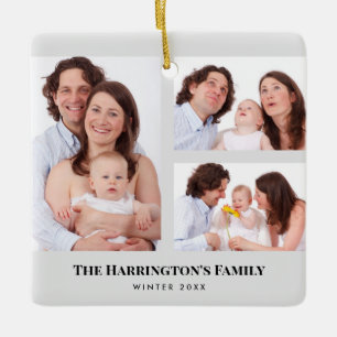 Custom 3 Sections Family Photos Collage Grey Frame Ceramic Ornament