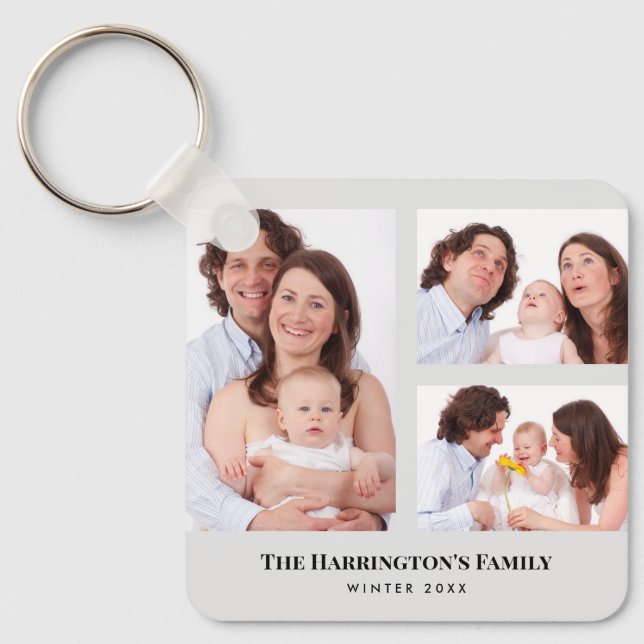 Custom 3 Sections Family Photos Collage Grey Frame Key Ring (Front)