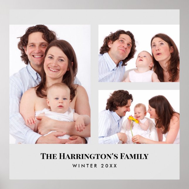 Custom 3 Sections Family Photos Collage Grey Frame Poster (Front)