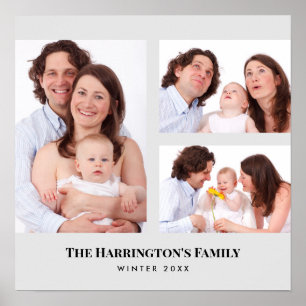 Custom 3 Sections Family Photos Collage Grey Frame Poster