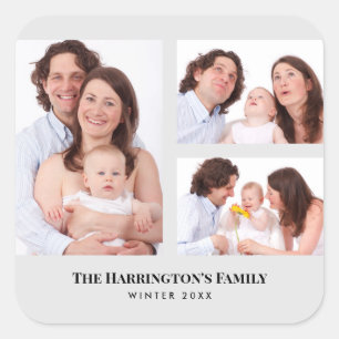 Custom 3 Sections Family Photos Collage Grey Frame Square Sticker