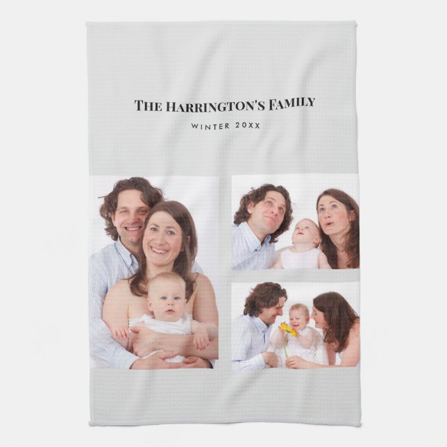 Custom 3 Sections Family Photos Collage Grey Frame Tea Towel (Vertical)
