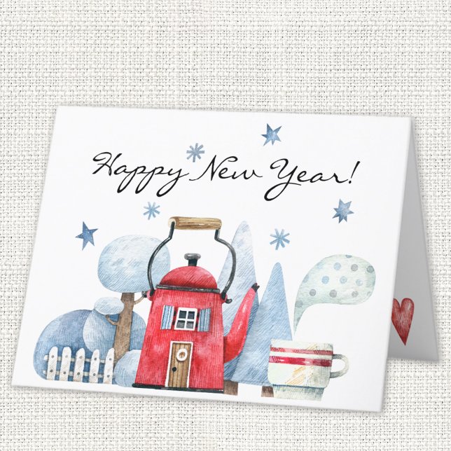 Custom-3 sides Whimsy Teapot New Year Holiday Card (Creator Uploaded)