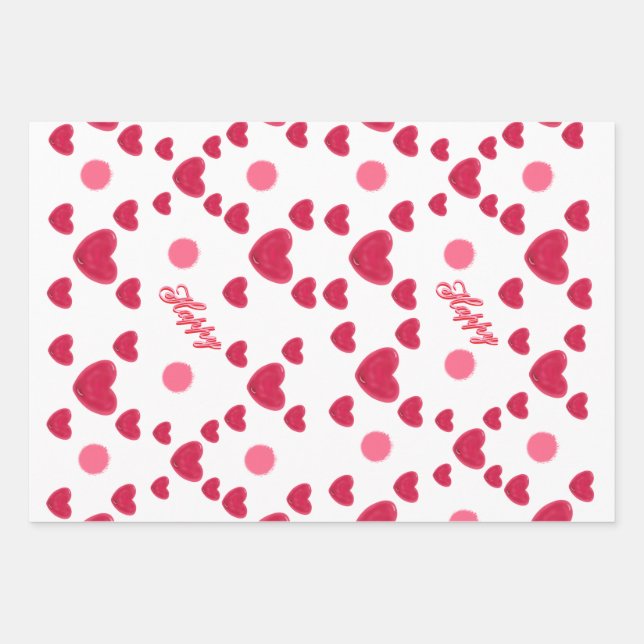 Custom 3D Jelly Hearts & Polka Dots Cute Pattern Wrapping Paper Sheet (Front)