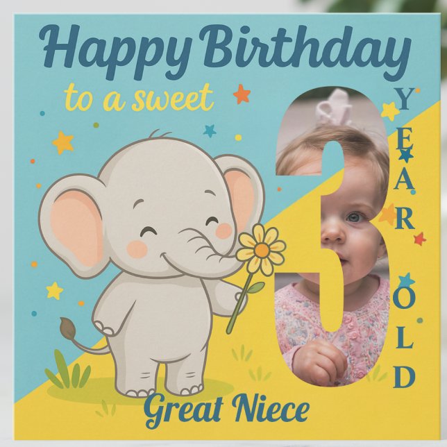 Custom 3rd Birthday Elephant Sweet Your Photo Card (Creator Uploaded)
