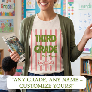 Custom 3rd Grade Teacher Pink Stripe Coquette Bow Tri-Blend Shirt