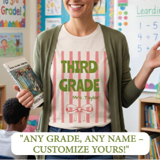 Custom 3rd Grade Teacher Pink Stripe Coquette Bow Tri-Blend Shirt