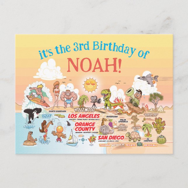 Custom 3rd SoCal Birthday Invitation Postcard (Front)