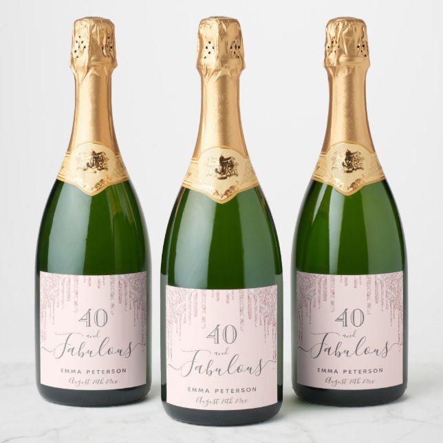 Custom 40 fabulous birthday rose gold glitter pink sparkling wine label (Bottles)