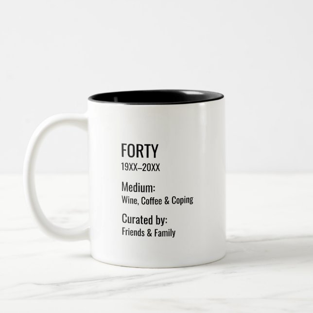 Custom 40th Birthday Fun Museum Label Inside Joke Two-Tone Coffee Mug (Left)