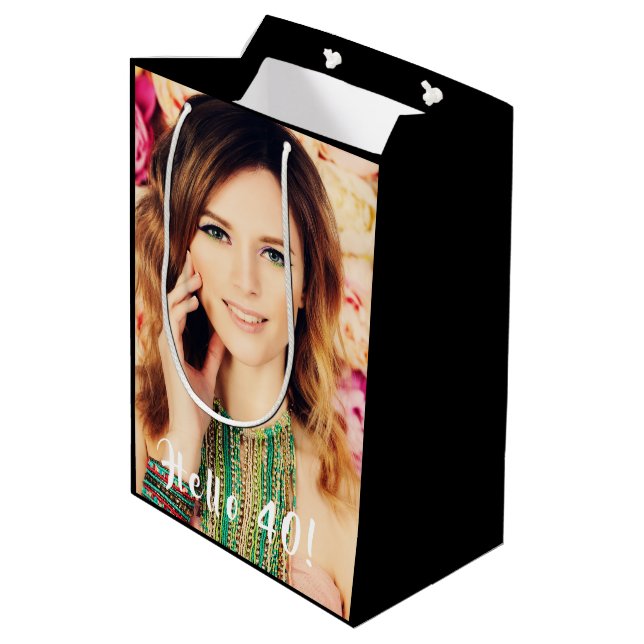 Custom 40th birthday photo hello 40 forty medium gift bag (Back Angled)