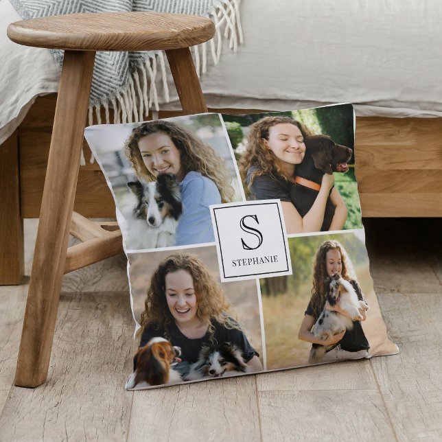 Custom 4 Multi Photo Collage Monogram & Name Cushion (Creator Uploaded)