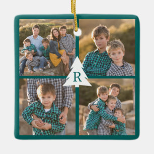 Custom 4 Photo Christmas Tree Monogram Teal Ceramic Ornament