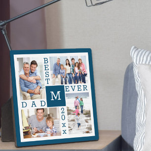 Custom 4 Photo Collage Best Dad Ever Blue & White Plaque