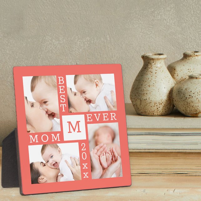 Custom 4 Photo Collage Best Mum Ever Coral & White Plaque (Creator Uploaded)