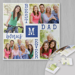 Custom 4 Photo Collage Blue Best Bonus Dad Ever Jigsaw Puzzle