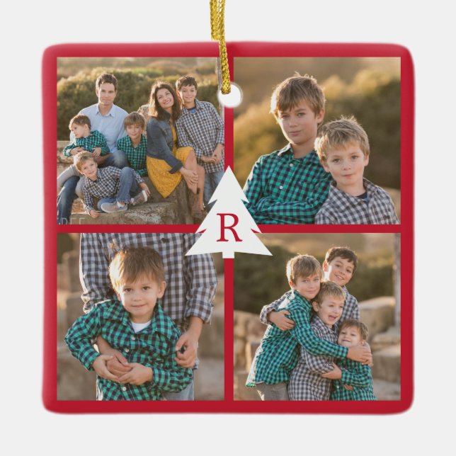 Custom 4 Photo Collage Christmas Tree Monogram Red Ceramic Ornament (Front)